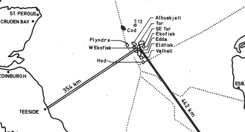 Norpipe oljerør til Teesside i Storbritannia, og Norpipe gassrør til Emden i Vest-Tyskland