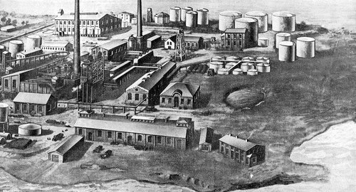 Tegning av Vallø oljeraffineri. Illustrasjon fra boken Vallø oljeraffineri 1899-1924.
